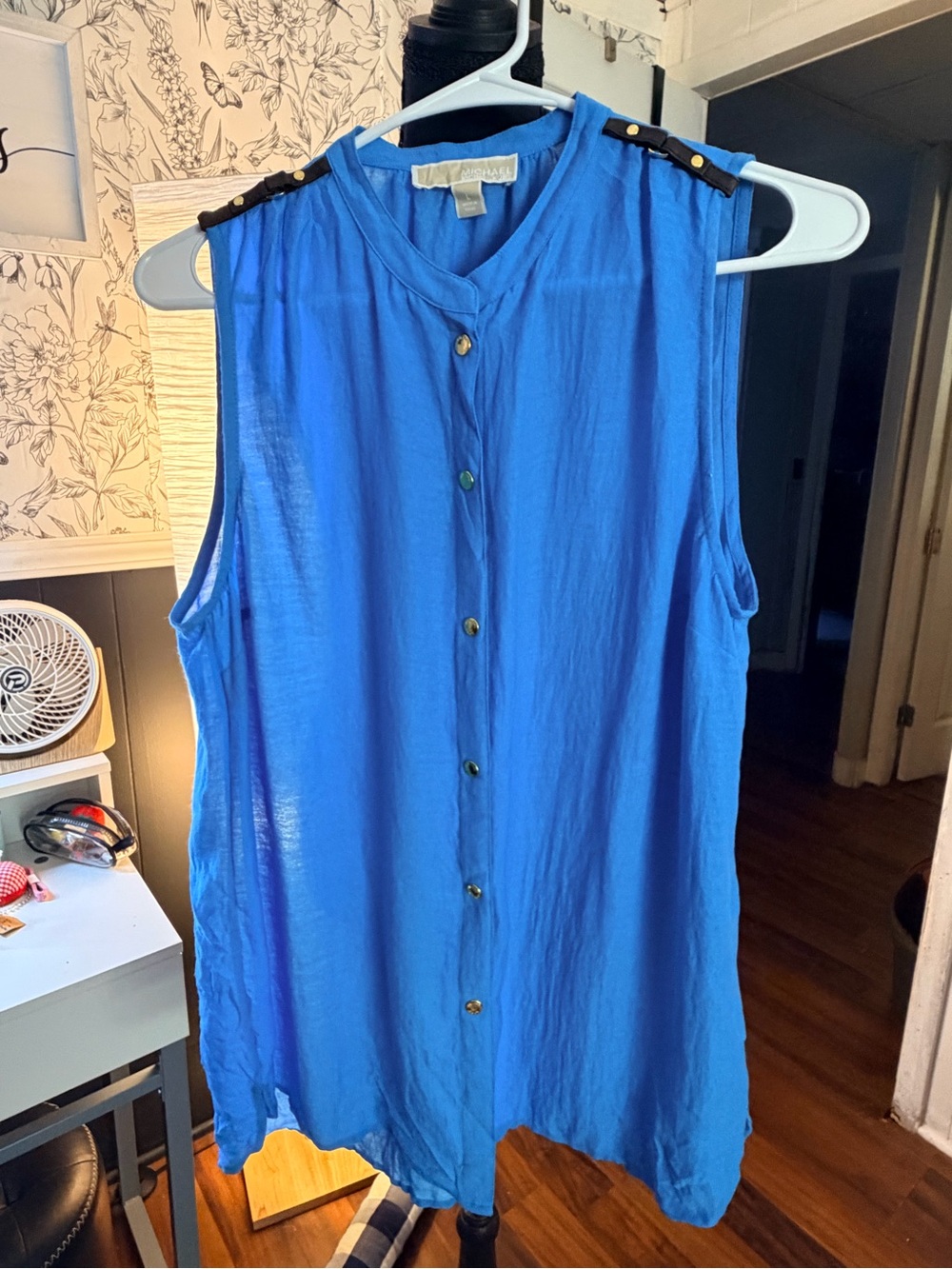 Michael Kors Sleeveless Button Front Camisole - Royal Blue with Black Epaulettes